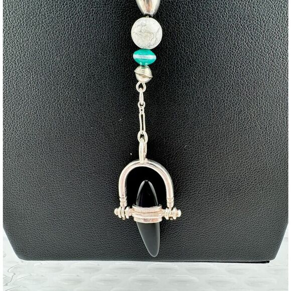 Turquoise Howlite Obsidian Silver Vintage Necklace Retro 80s Handmade Artisan - Picture 4 of 11